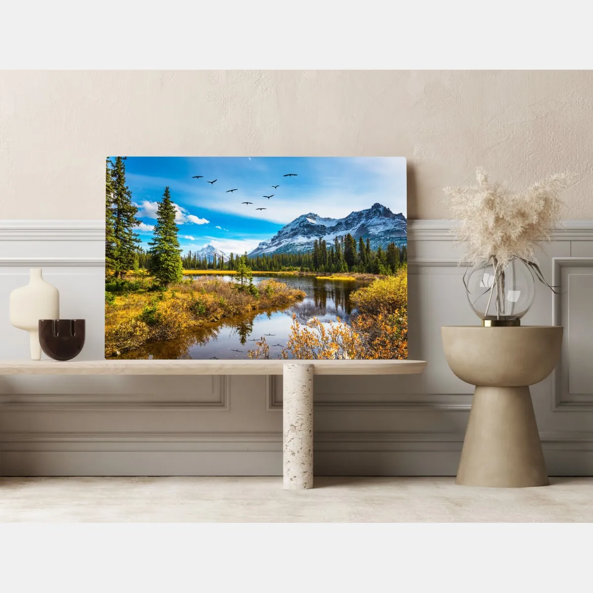 Leinwandbild herbstlicher bergsee mit vögeln – Wallnifity® Leinwandbild herbstlicher bergsee mit vögeln – Wallnifity®