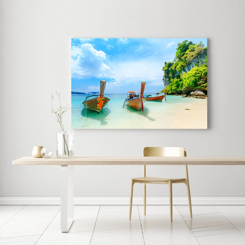 Leinwandbild longtail-boote am türkisfarbenen strand von Phuket – Wallnifity® Leinwandbild longtail-boote am türkisfarbenen strand von Phuket – Wallnifity®
