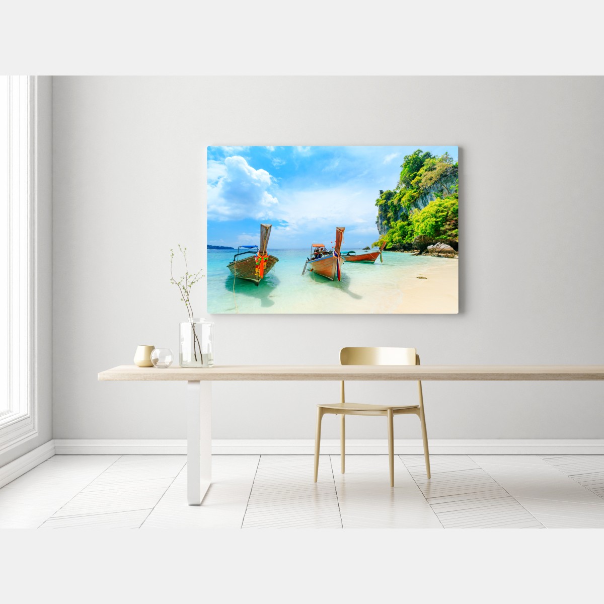 Leinwandbild longtail-boote am türkisfarbenen strand von Phuket – Wallnifity® Leinwandbild longtail-boote am türkisfarbenen strand von Phuket – Wallnifity®
