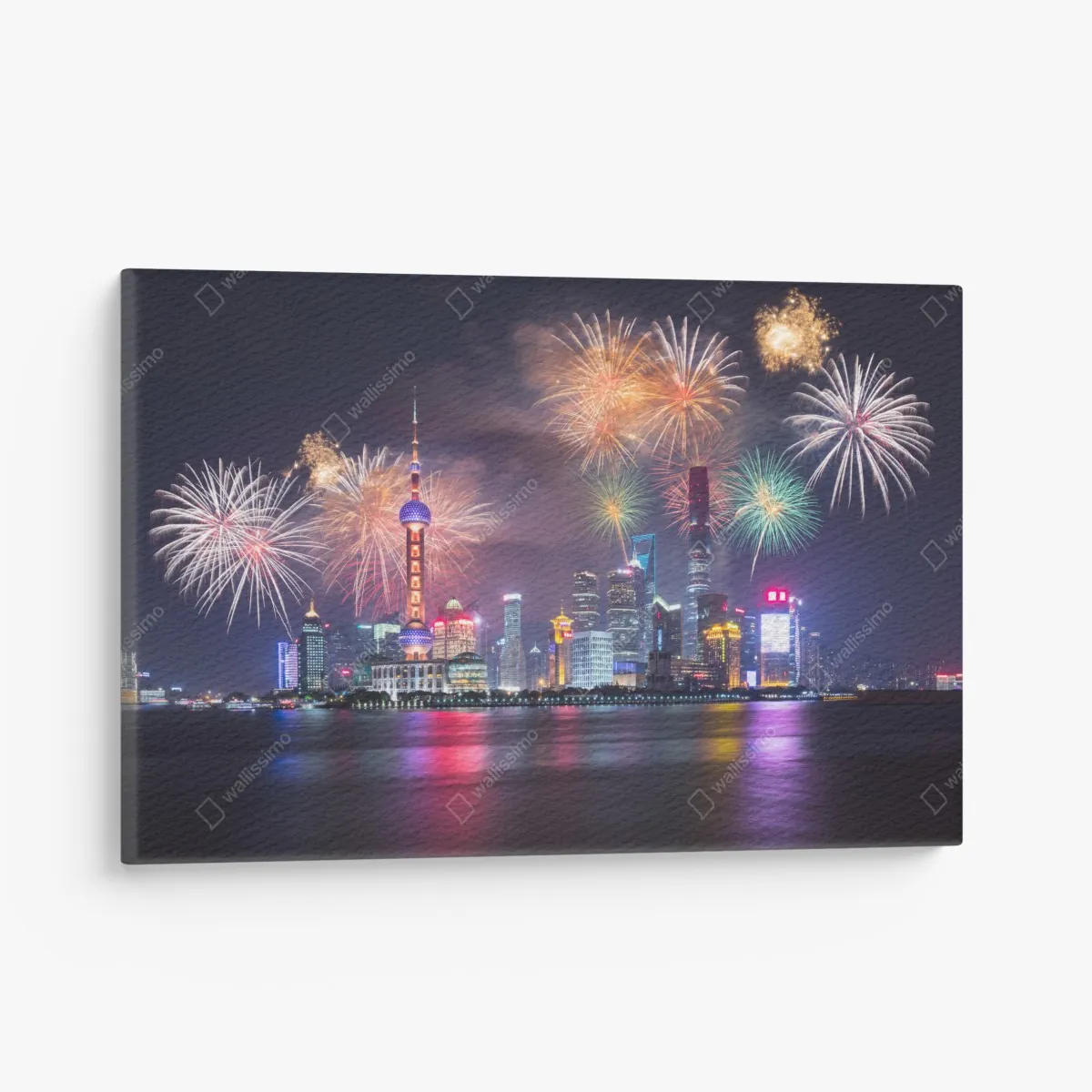 Leinwandbild Shanghai skyline mit feuerwerk über dem Huangpu – Wallnifity® Leinwandbild Shanghai skyline mit feuerwerk über dem Huangpu – Wallnifity®