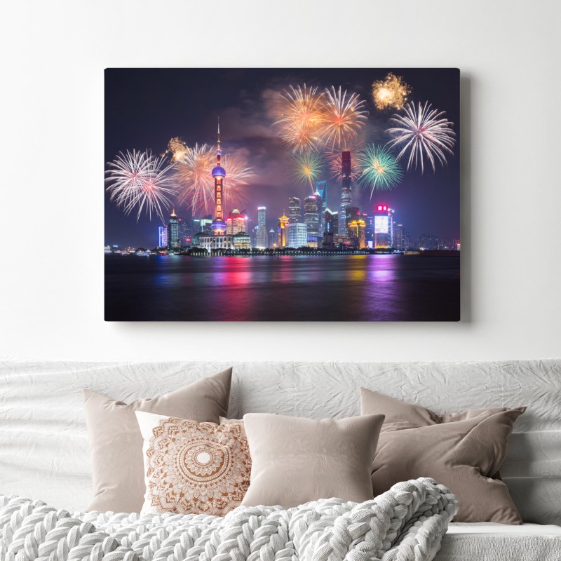 Leinwandbild Shanghai skyline mit feuerwerk über dem Huangpu – Wallnifity® Leinwandbild Shanghai skyline mit feuerwerk über dem Huangpu – Wallnifity®