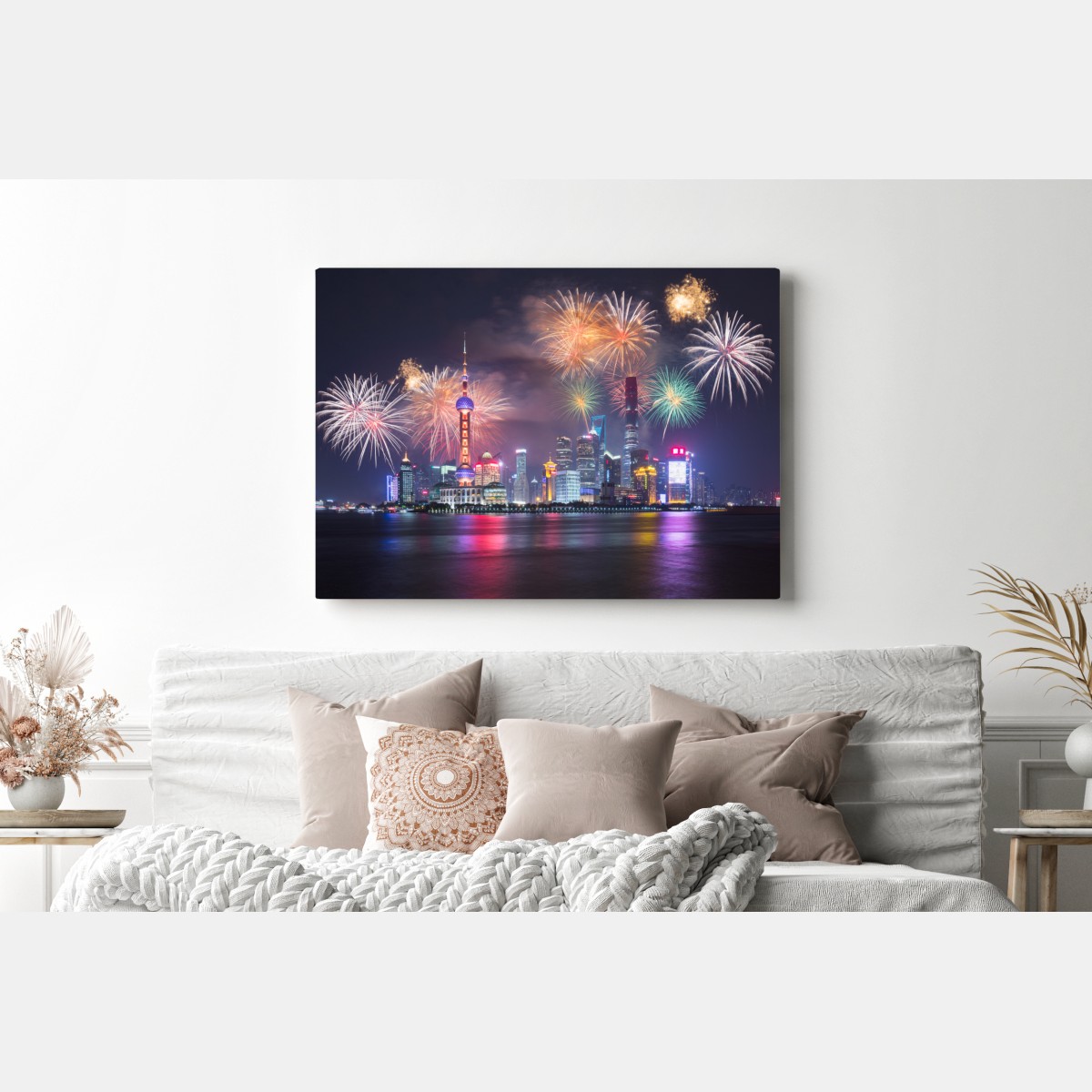 Leinwandbild Shanghai skyline mit feuerwerk über dem Huangpu – Wallnifity® Leinwandbild Shanghai skyline mit feuerwerk über dem Huangpu – Wallnifity®