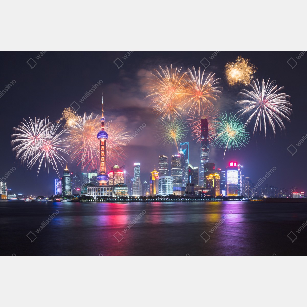 Leinwandbild Shanghai skyline mit feuerwerk über dem Huangpu – Wallnifity® Leinwandbild Shanghai skyline mit feuerwerk über dem Huangpu – Wallnifity®