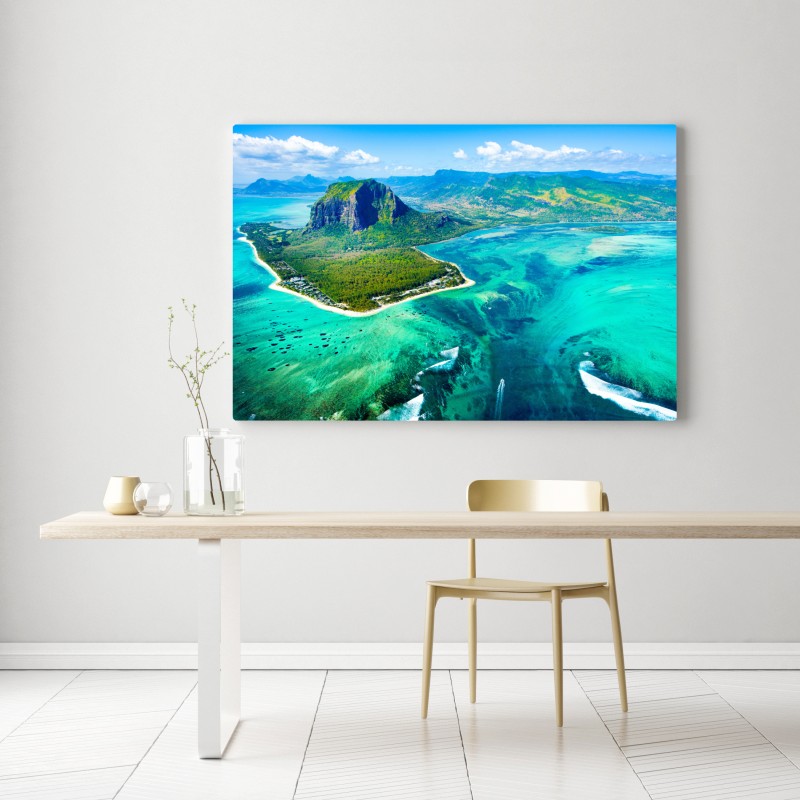 Leinwandbild türkisfarbene lagune aus der luft, Mauritius – Wallnifity® Leinwandbild türkisfarbene lagune aus der luft, Mauritius – Wallnifity®