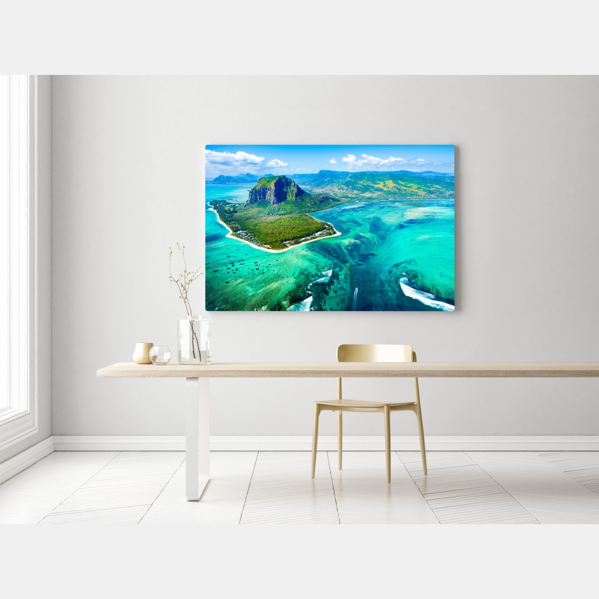 Leinwandbild türkisfarbene lagune aus der luft, Mauritius – Wallnifity® Leinwandbild türkisfarbene lagune aus der luft, Mauritius – Wallnifity®