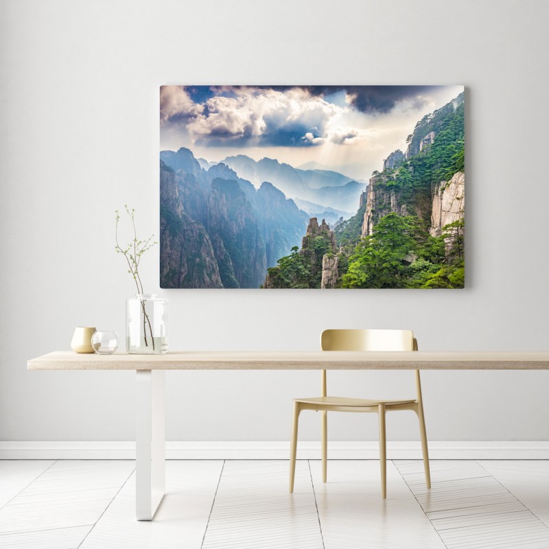 Leinwandbild neblige bergklippen mit sonnenstrahlen – Wallnifity® Leinwandbild neblige bergklippen mit sonnenstrahlen – Wallnifity®