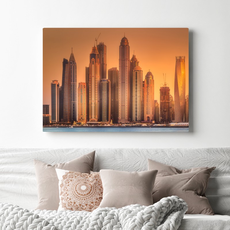 Leinwandbild Dubai skyline im goldenen licht – Wallnifity® Leinwandbild Dubai skyline im goldenen licht – Wallnifity®