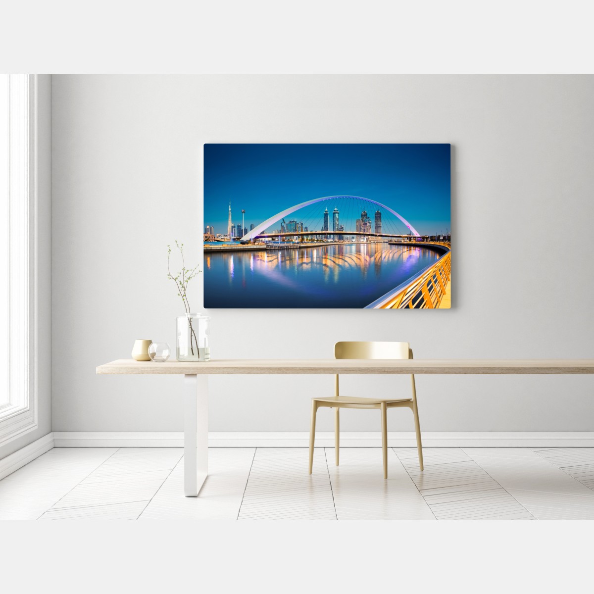 Leinwandbild Dubai skyline bei nacht mit beleuchteter brücke – Wallnifity® Leinwandbild Dubai skyline bei nacht mit beleuchteter brücke – Wallnifity®
