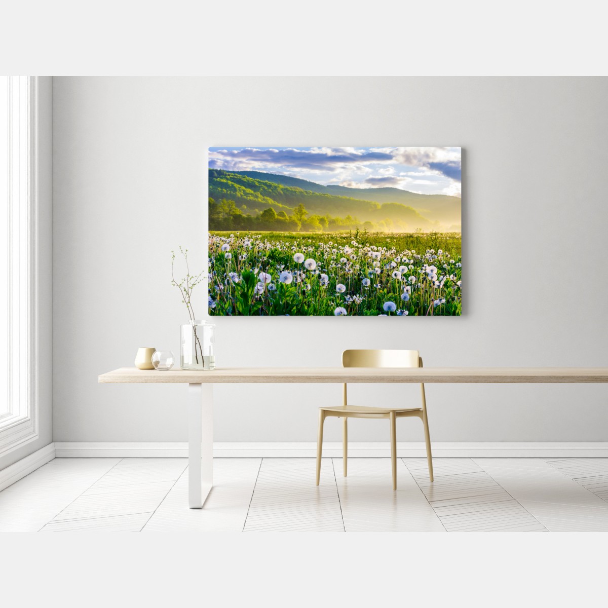 Leinwandbild neblige löwenzahnwiese im sonnenaufgang – Wallnifity® Leinwandbild neblige löwenzahnwiese im sonnenaufgang – Wallnifity®