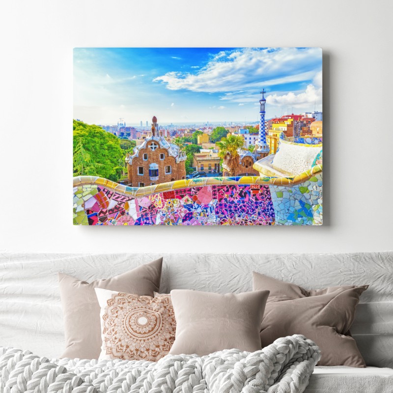 Leinwandbild lebendiges Barcelona Park Güell mosaik panorama – Wallnifity® Leinwandbild lebendiges Barcelona Park Güell mosaik panorama – Wallnifity®