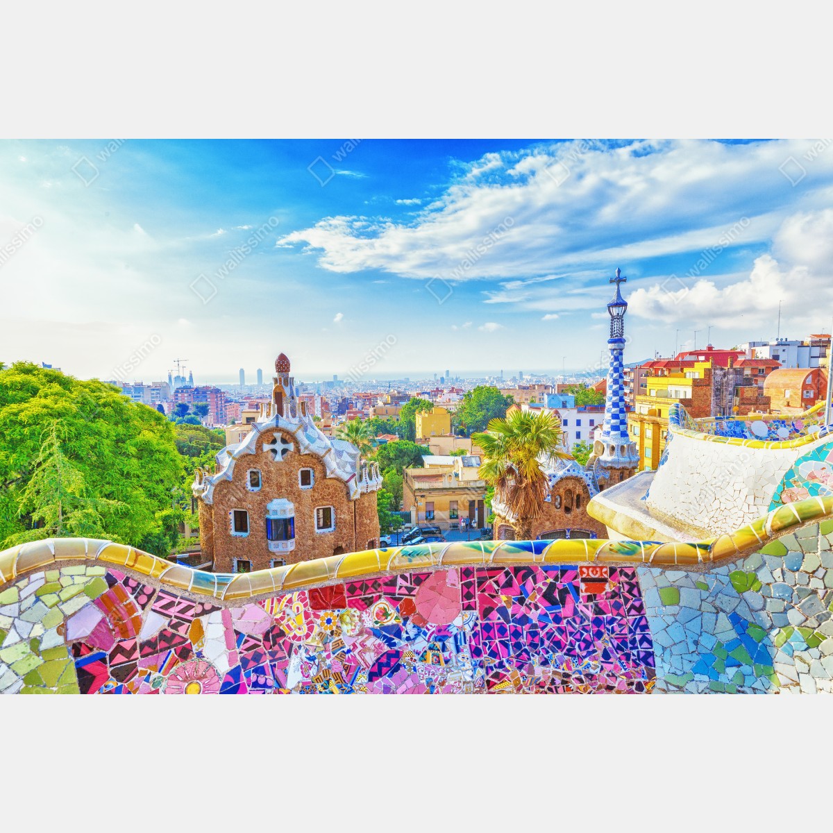 Leinwandbild lebendiges Barcelona Park Güell mosaik panorama – Wallnifity® Leinwandbild lebendiges Barcelona Park Güell mosaik panorama – Wallnifity®