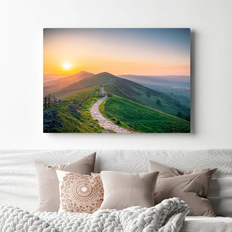 Leinwandbild sonnenaufgang über grünen hügeln mit steinweg – Wallnifity® Leinwandbild sonnenaufgang über grünen hügeln mit steinweg – Wallnifity®