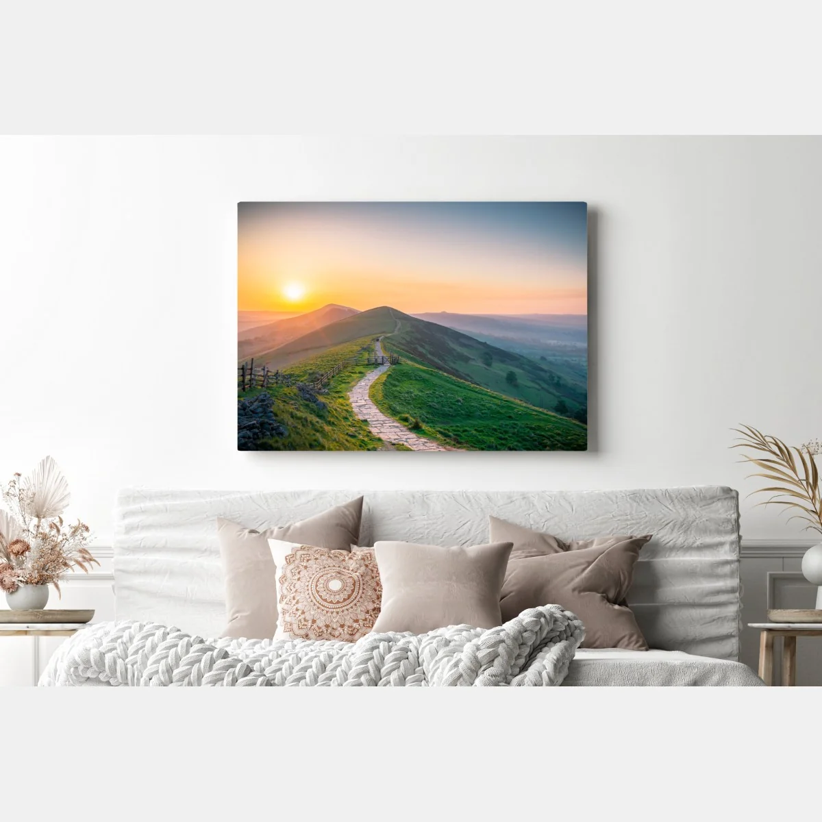 Leinwandbild sonnenaufgang über grünen hügeln mit steinweg – Wallnifity® Leinwandbild sonnenaufgang über grünen hügeln mit steinweg – Wallnifity®