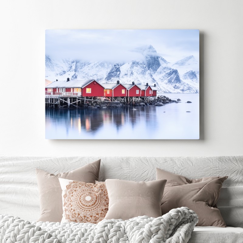 Leinwandbild sonnenaufgang über den roten hütten der Lofoten – Wallnifity® Leinwandbild sonnenaufgang über den roten hütten der Lofoten – Wallnifity®