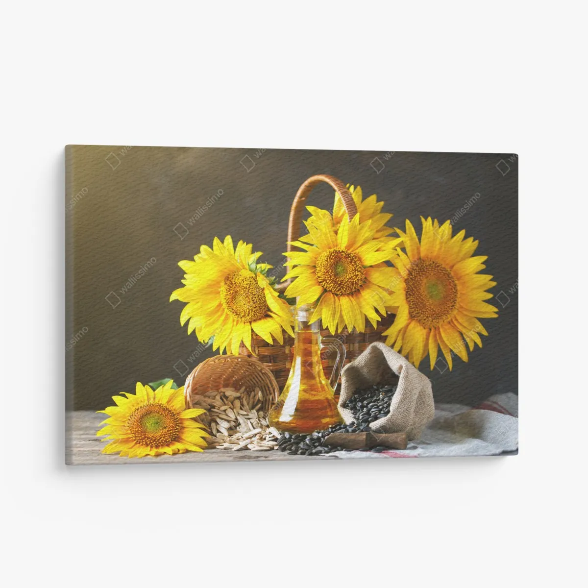 Leinwandbild leuchtendes stillleben mit sonnenblumen, kernen und öl – Wallnifity® Leinwandbild leuchtendes stillleben mit sonnenblumen, kernen und öl – Wallnifity®