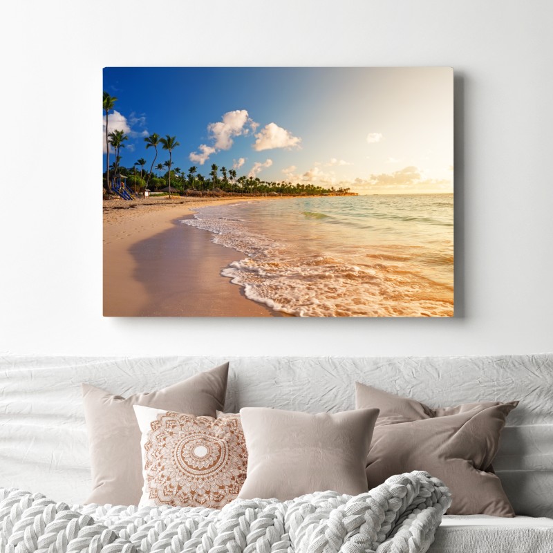 Leinwandbild tropischer sonnenuntergang am strand mit palmensilhouetten – Wallnifity® Leinwandbild tropischer sonnenuntergang am strand mit palmensilhouetten – Wallnifity®