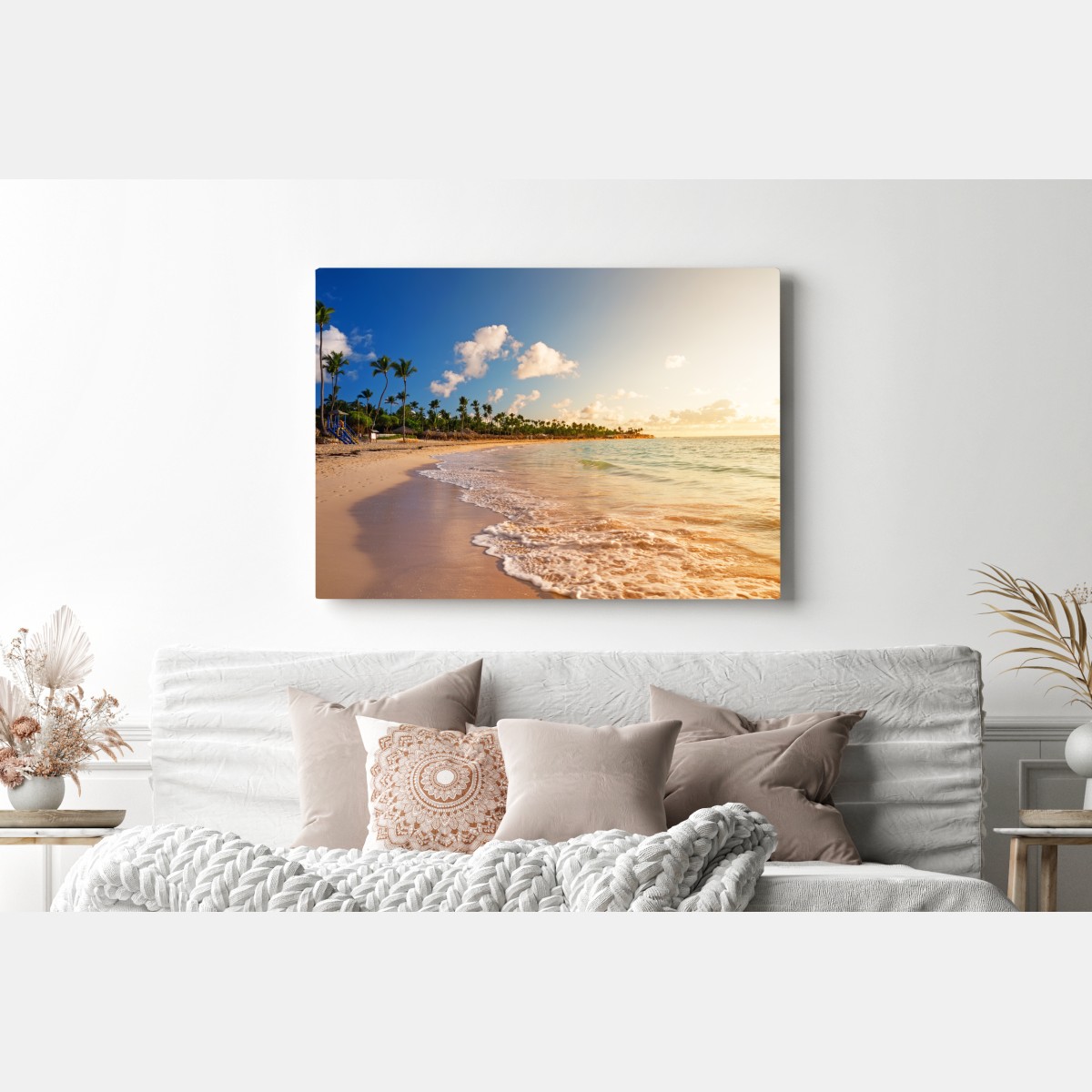 Leinwandbild tropischer sonnenuntergang am strand mit palmensilhouetten – Wallnifity® Leinwandbild tropischer sonnenuntergang am strand mit palmensilhouetten – Wallnifity®