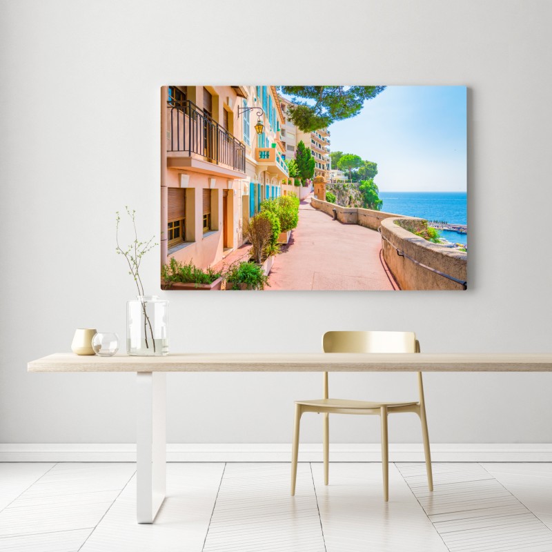Leinwandbild mediterrane promenade mit pastellfarbenen häusern – Wallnifity® Leinwandbild mediterrane promenade mit pastellfarbenen häusern – Wallnifity®