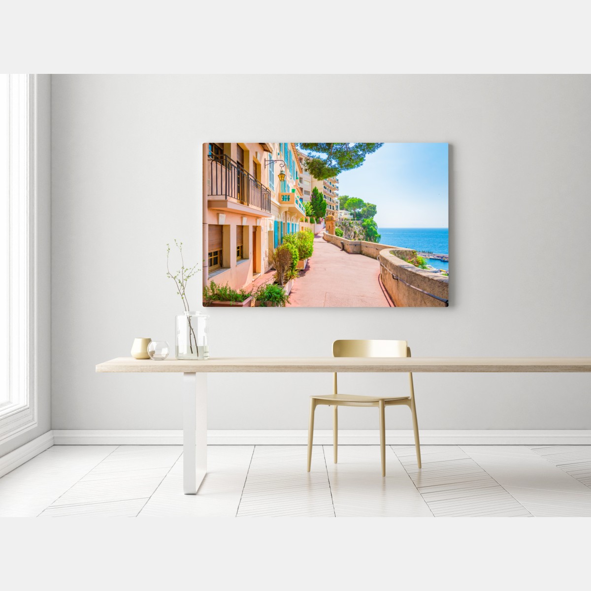 Leinwandbild mediterrane promenade mit pastellfarbenen häusern – Wallnifity® Leinwandbild mediterrane promenade mit pastellfarbenen häusern – Wallnifity®