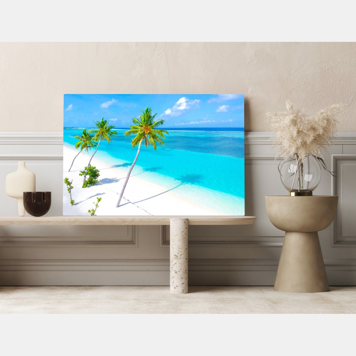 Leinwandbild tropischer türkisfarbener strand mit palmen – Wallnifity® Leinwandbild tropischer türkisfarbener strand mit palmen – Wallnifity®