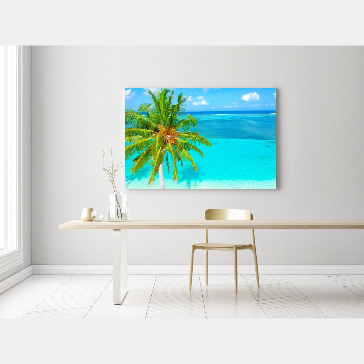 Leinwandbild tropischer türkisstrand mit palme – Wallnifity® Leinwandbild tropischer türkisstrand mit palme – Wallnifity®