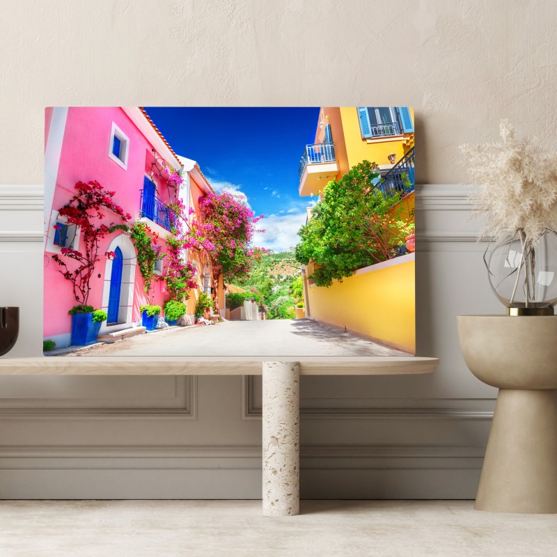 Leinwandbild bunte gasse auf Kefalonia – Wallnifity® Leinwandbild bunte gasse auf Kefalonia – Wallnifity®