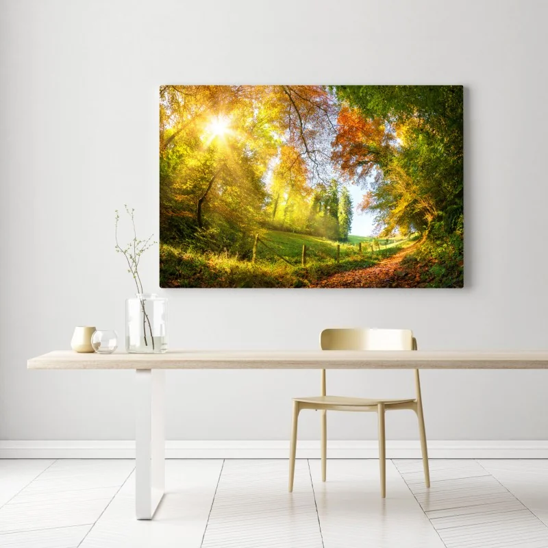 Leinwandbild goldener herbstwaldweg – Wallnifity® Leinwandbild goldener herbstwaldweg – Wallnifity®