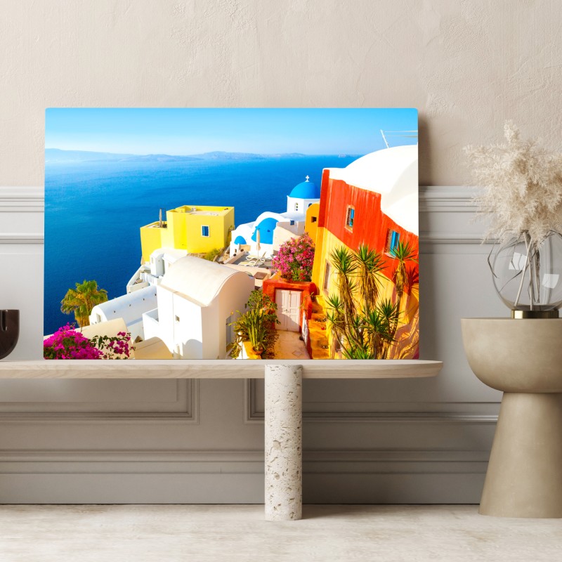 Leinwandbild sonniges Santorini küstendorf – Wallnifity® Leinwandbild sonniges Santorini küstendorf – Wallnifity®