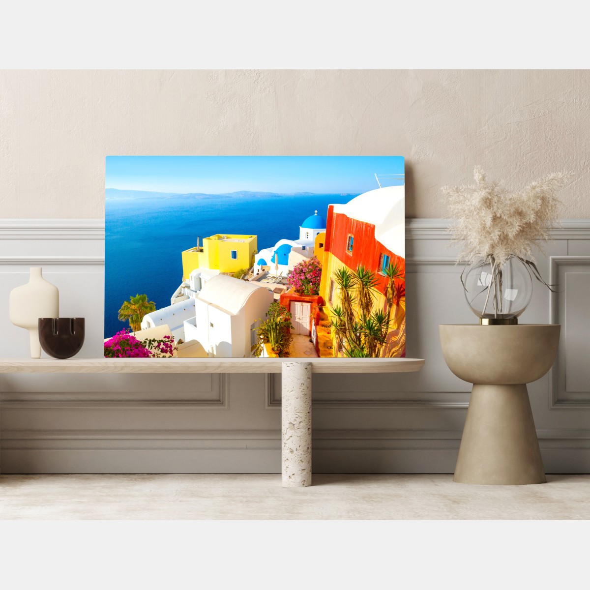 Leinwandbild sonniges Santorini küstendorf – Wallnifity® Leinwandbild sonniges Santorini küstendorf – Wallnifity®
