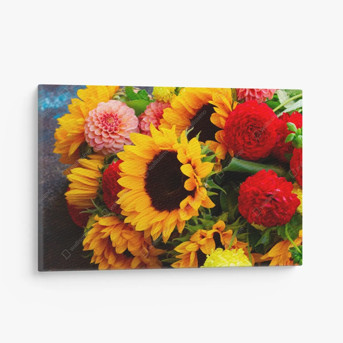 Leinwandbild nahaufnahme sonnenblumen- und dahlienstrauß – Wallnifity® Leinwandbild nahaufnahme sonnenblumen- und dahlienstrauß – Wallnifity®