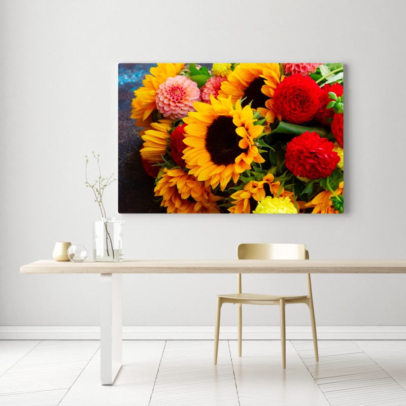 Leinwandbild nahaufnahme sonnenblumen- und dahlienstrauß – Wallnifity® Leinwandbild nahaufnahme sonnenblumen- und dahlienstrauß – Wallnifity®