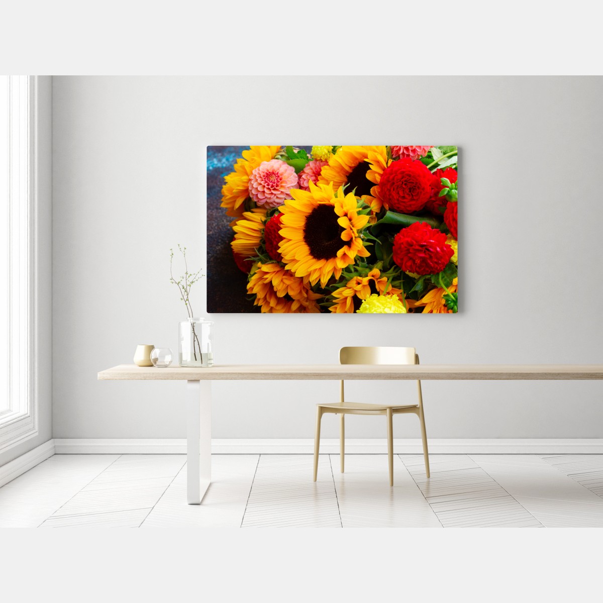 Leinwandbild nahaufnahme sonnenblumen- und dahlienstrauß – Wallnifity® Leinwandbild nahaufnahme sonnenblumen- und dahlienstrauß – Wallnifity®