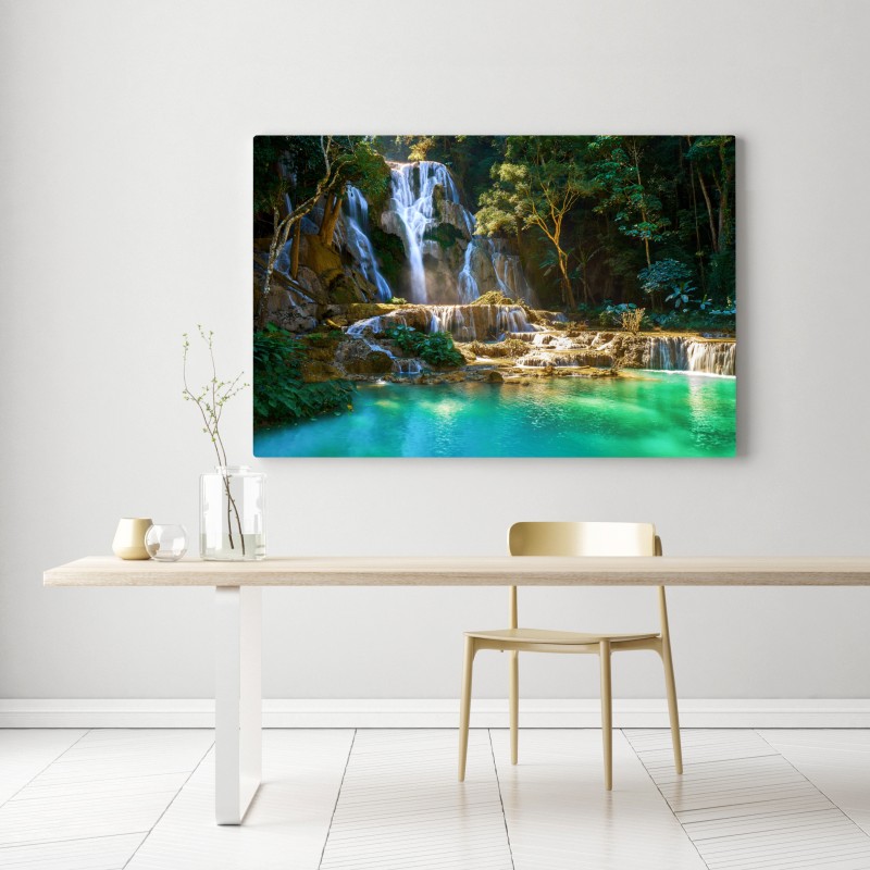 Leinwandbild türkisfarbener wasserfall im üppigen wald – Wallnifity® Leinwandbild türkisfarbener wasserfall im üppigen wald – Wallnifity®