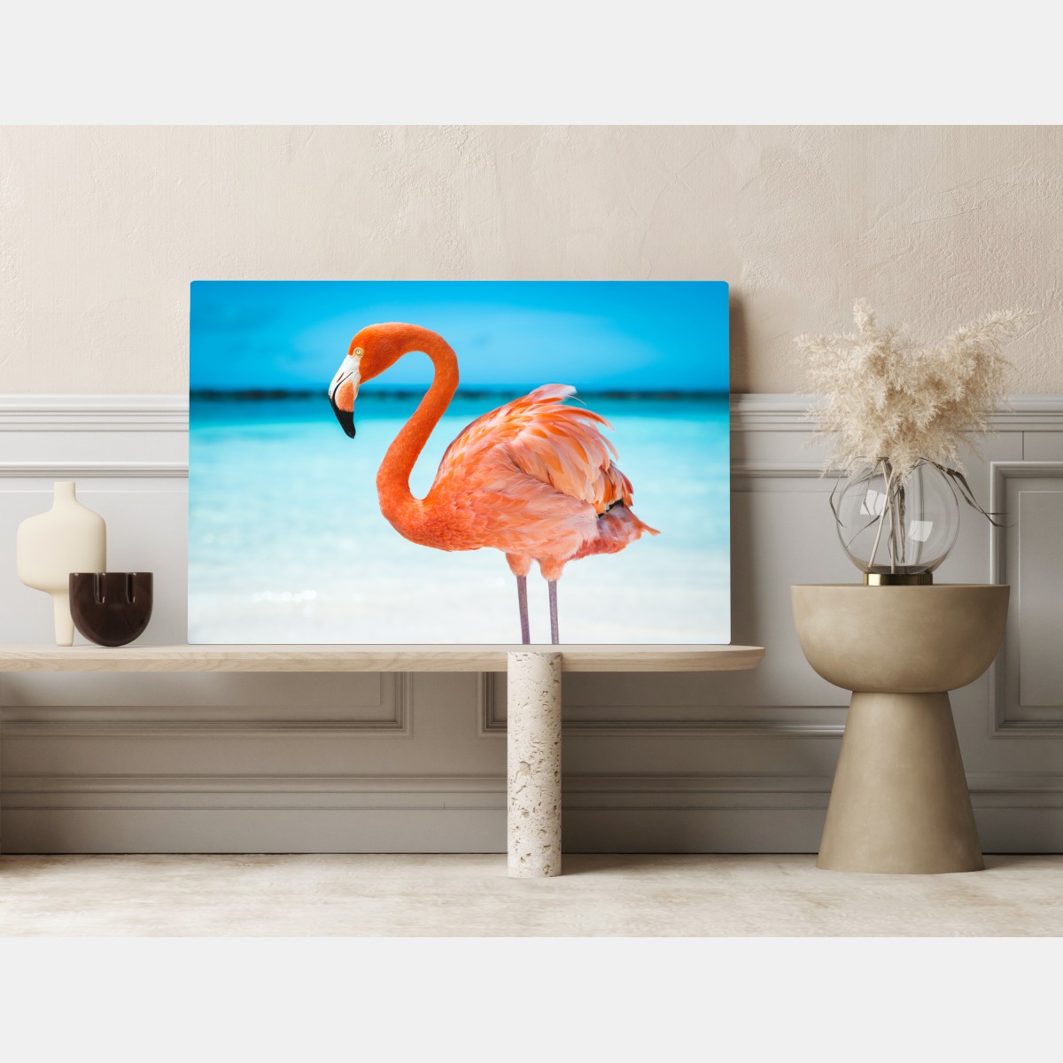 Leinwandbild leuchtender rosa flamingo am türkisfarbenen strand – Wallnifity® Leinwandbild leuchtender rosa flamingo am türkisfarbenen strand – Wallnifity®