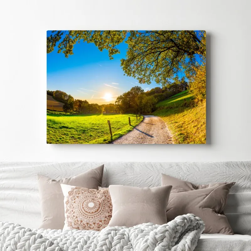 Leinwandbild sonnenbeschienene wiese mit landweg bei sonnenuntergang – Wallnifity® Leinwandbild sonnenbeschienene wiese mit landweg bei sonnenuntergang – Wallnifity®