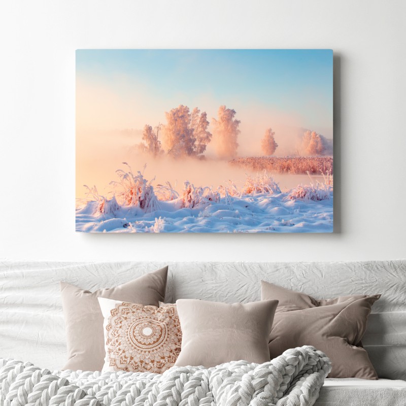 Leinwandbild winterlicher sonnenaufgang über einer frostigen wiese – Wallnifity® Leinwandbild winterlicher sonnenaufgang über einer frostigen wiese – Wallnifity®