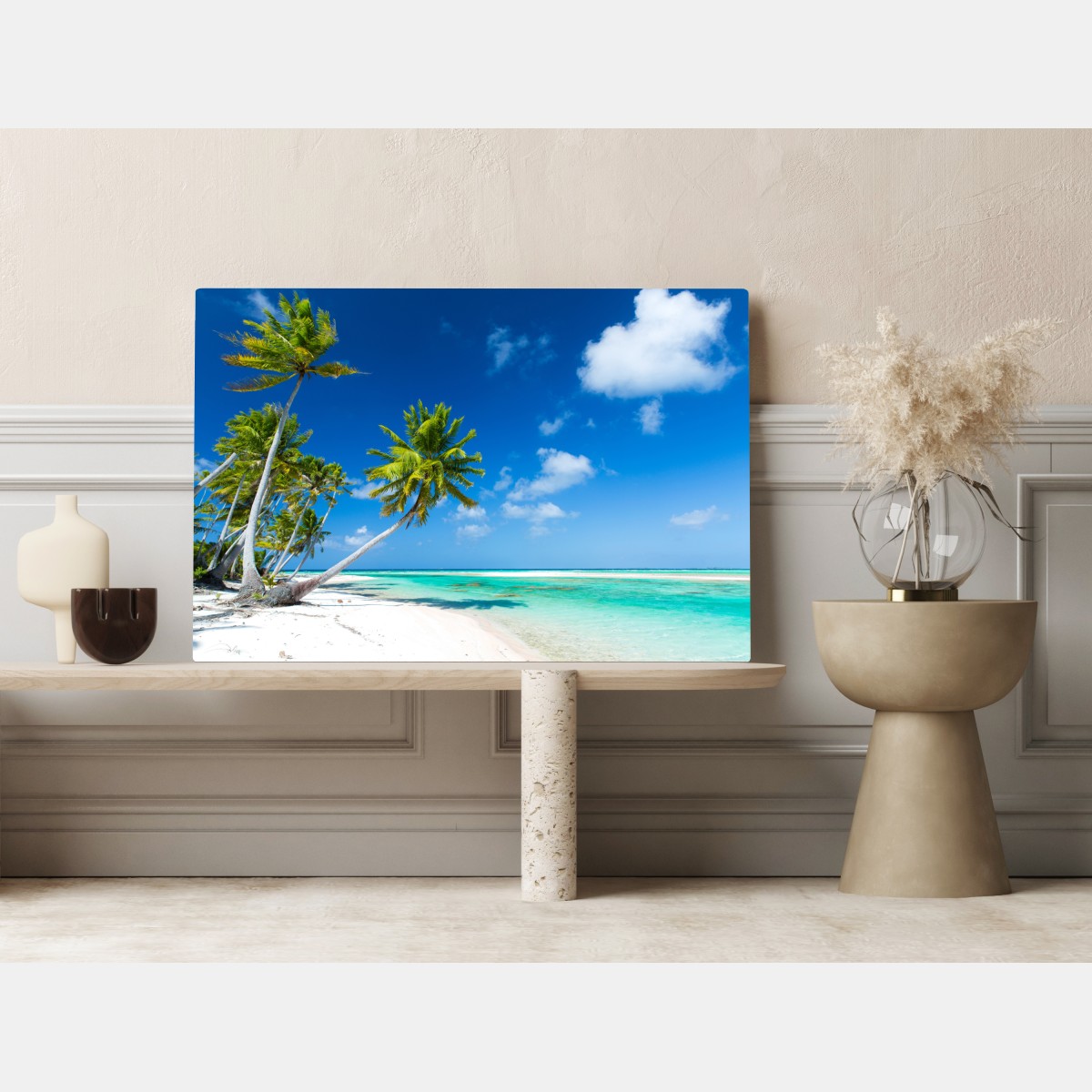 Leinwandbild tropischer strand mit palmen und türkisfarbenem wasser – Wallnifity® Leinwandbild tropischer strand mit palmen und türkisfarbenem wasser – Wallnifity®