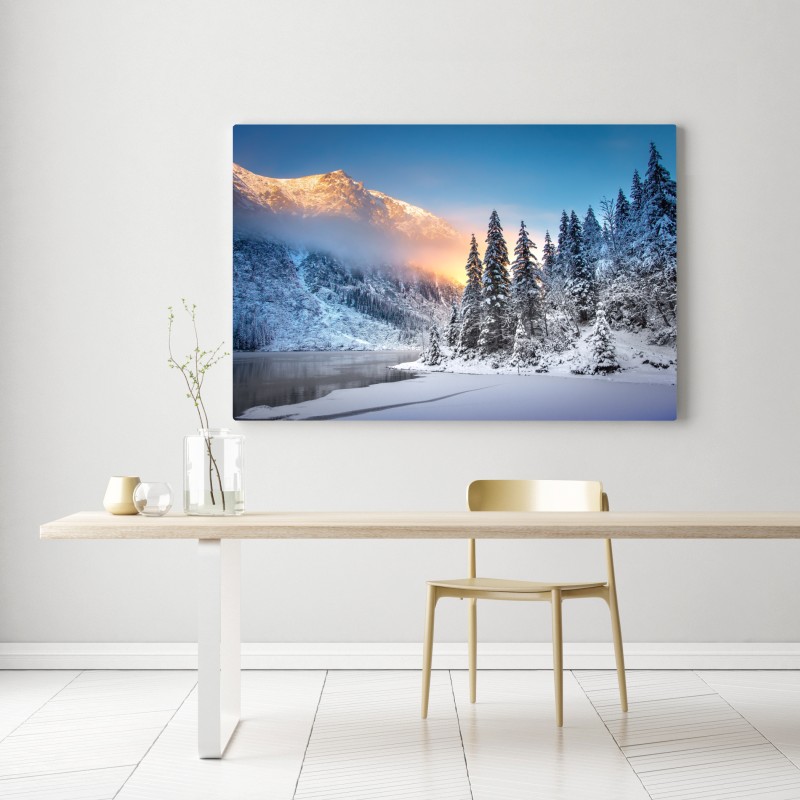 Leinwandbild winterlicher sonnenaufgang am Morskie Oko – Wallnifity® Leinwandbild winterlicher sonnenaufgang am Morskie Oko – Wallnifity®