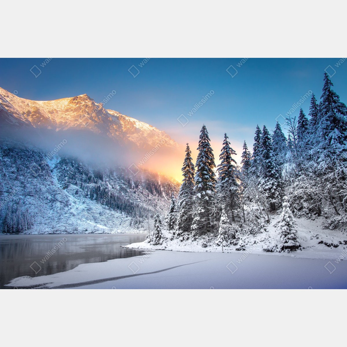 Leinwandbild winterlicher sonnenaufgang am Morskie Oko – Wallnifity® Leinwandbild winterlicher sonnenaufgang am Morskie Oko – Wallnifity®