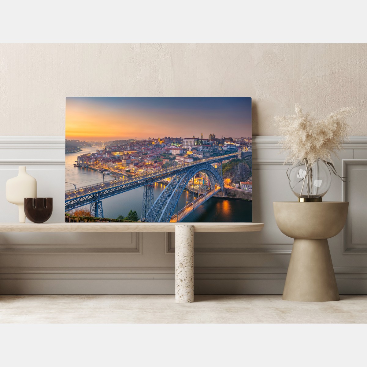 Leinwandbild porto skyline bei dämmerung mit Dom Luís I – Wallnifity® Leinwandbild porto skyline bei dämmerung mit Dom Luís I – Wallnifity®