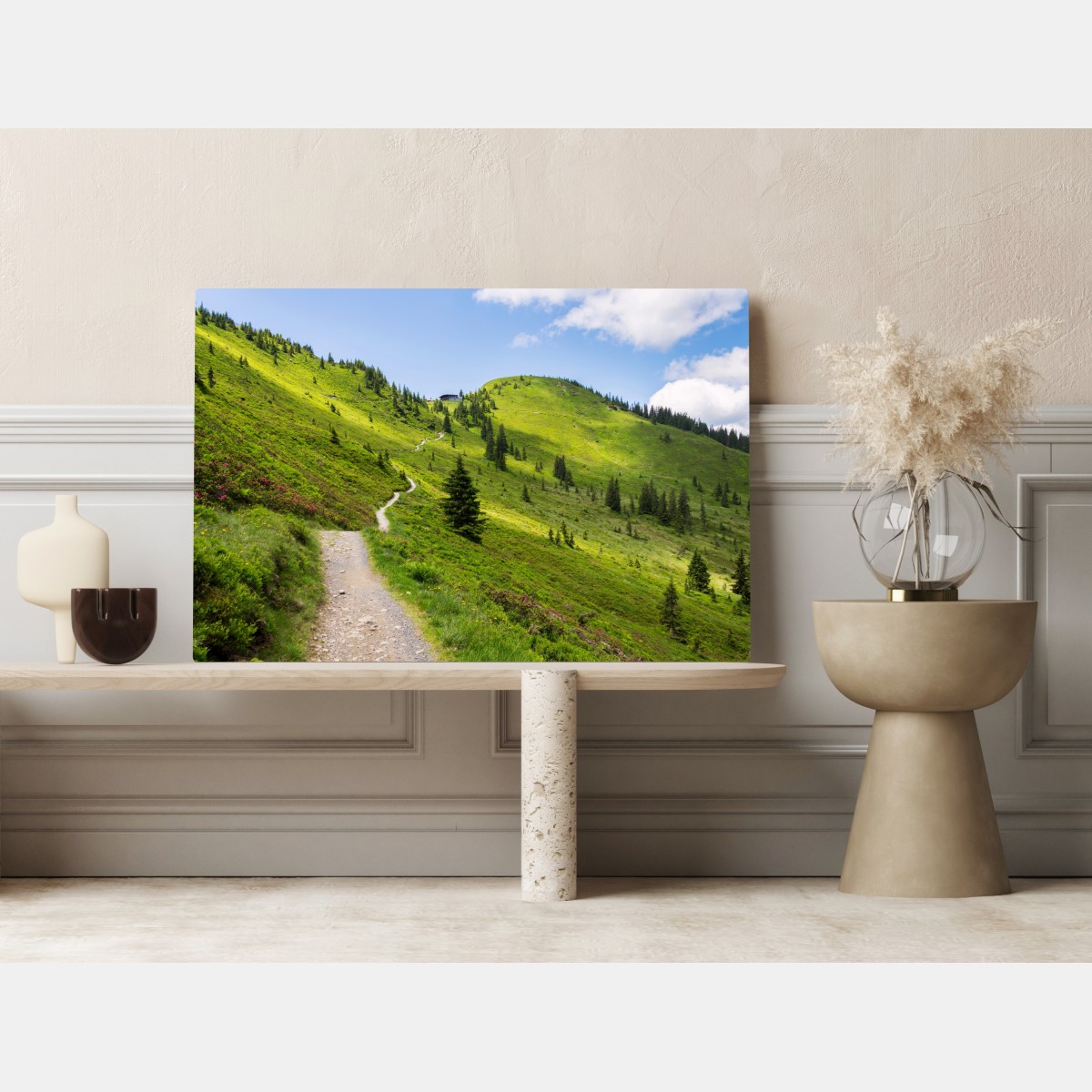 Leinwandbild sonniger bergpfad durch grüne wiese – Wallnifity® Leinwandbild sonniger bergpfad durch grüne wiese – Wallnifity®