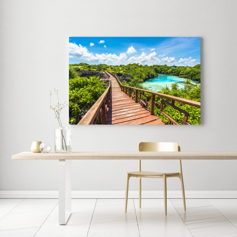 Leinwandbild tropischer holzsteg zur türkislagune – Wallnifity® Leinwandbild tropischer holzsteg zur türkislagune – Wallnifity®