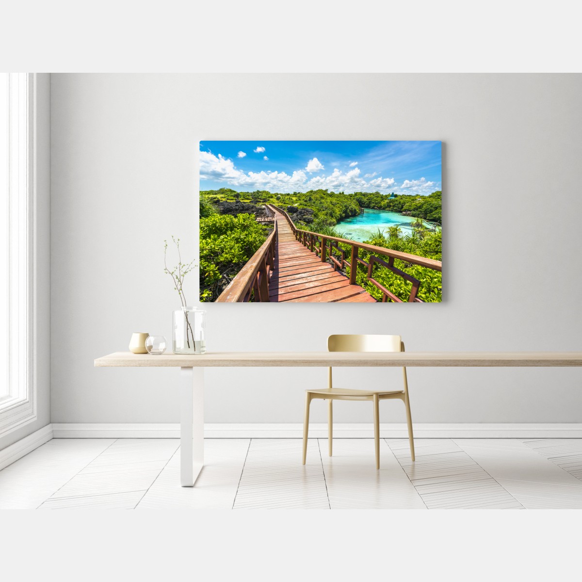 Leinwandbild tropischer holzsteg zur türkislagune – Wallnifity® Leinwandbild tropischer holzsteg zur türkislagune – Wallnifity®