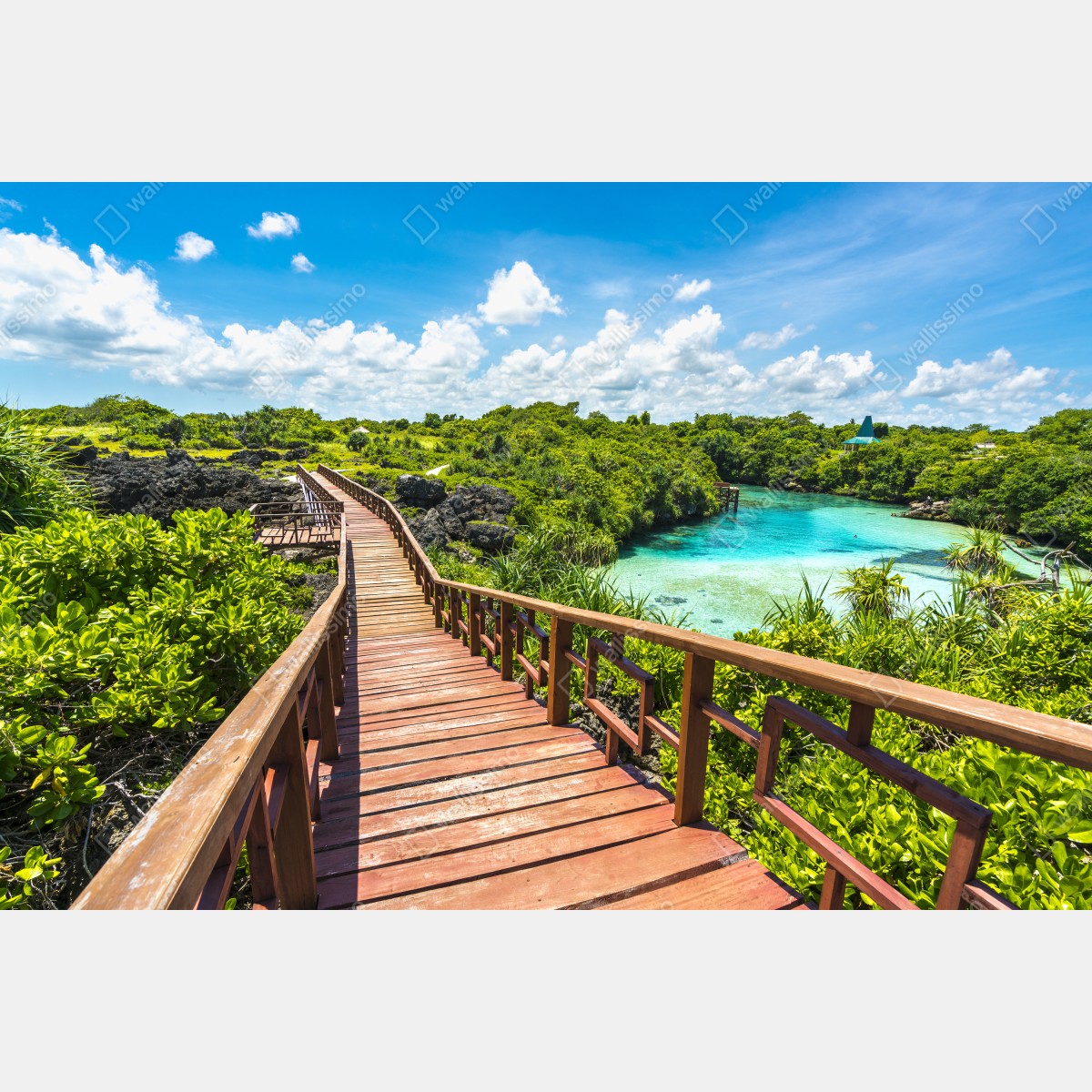 Leinwandbild tropischer holzsteg zur türkislagune – Wallnifity® Leinwandbild tropischer holzsteg zur türkislagune – Wallnifity®