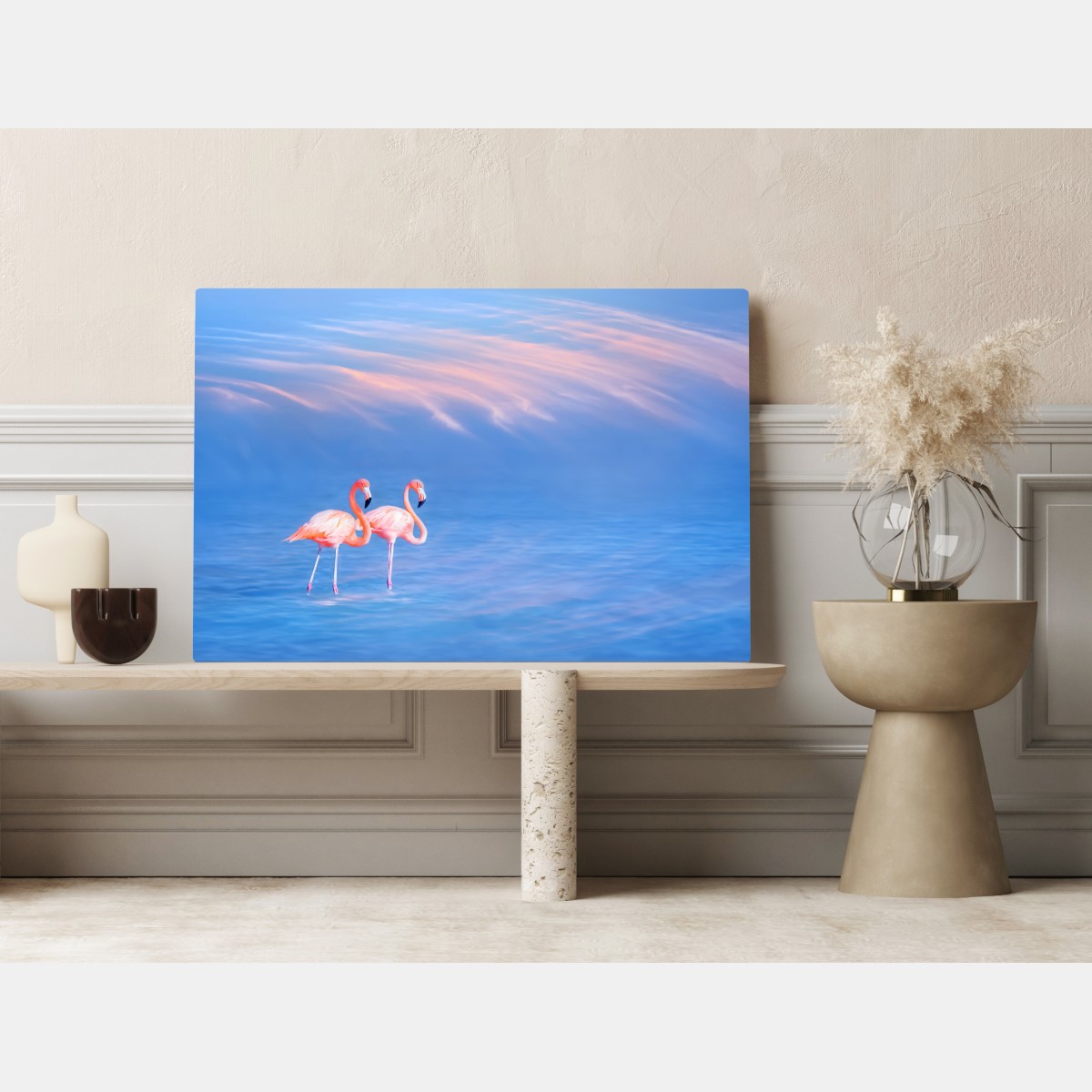 Leinwandbild rosa flamingos auf pastellfarbenem wasser – Wallnifity® Leinwandbild rosa flamingos auf pastellfarbenem wasser – Wallnifity®