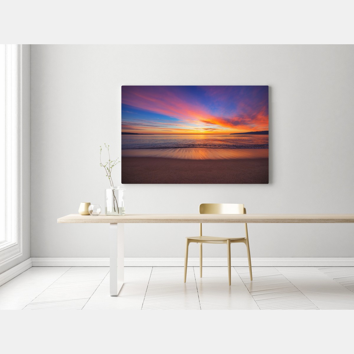Leinwandbild lebendiger sonnenaufgang über einem ruhigen strand – Wallnifity® Leinwandbild lebendiger sonnenaufgang über einem ruhigen strand – Wallnifity®