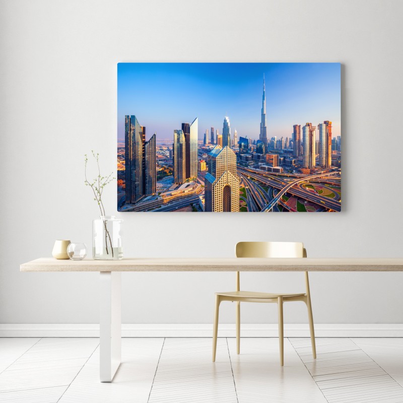 Leinwandbild panorama Dubais mit Burj Khalifa bei sonnenuntergang – Wallnifity® Leinwandbild panorama Dubais mit Burj Khalifa bei sonnenuntergang – Wallnifity®