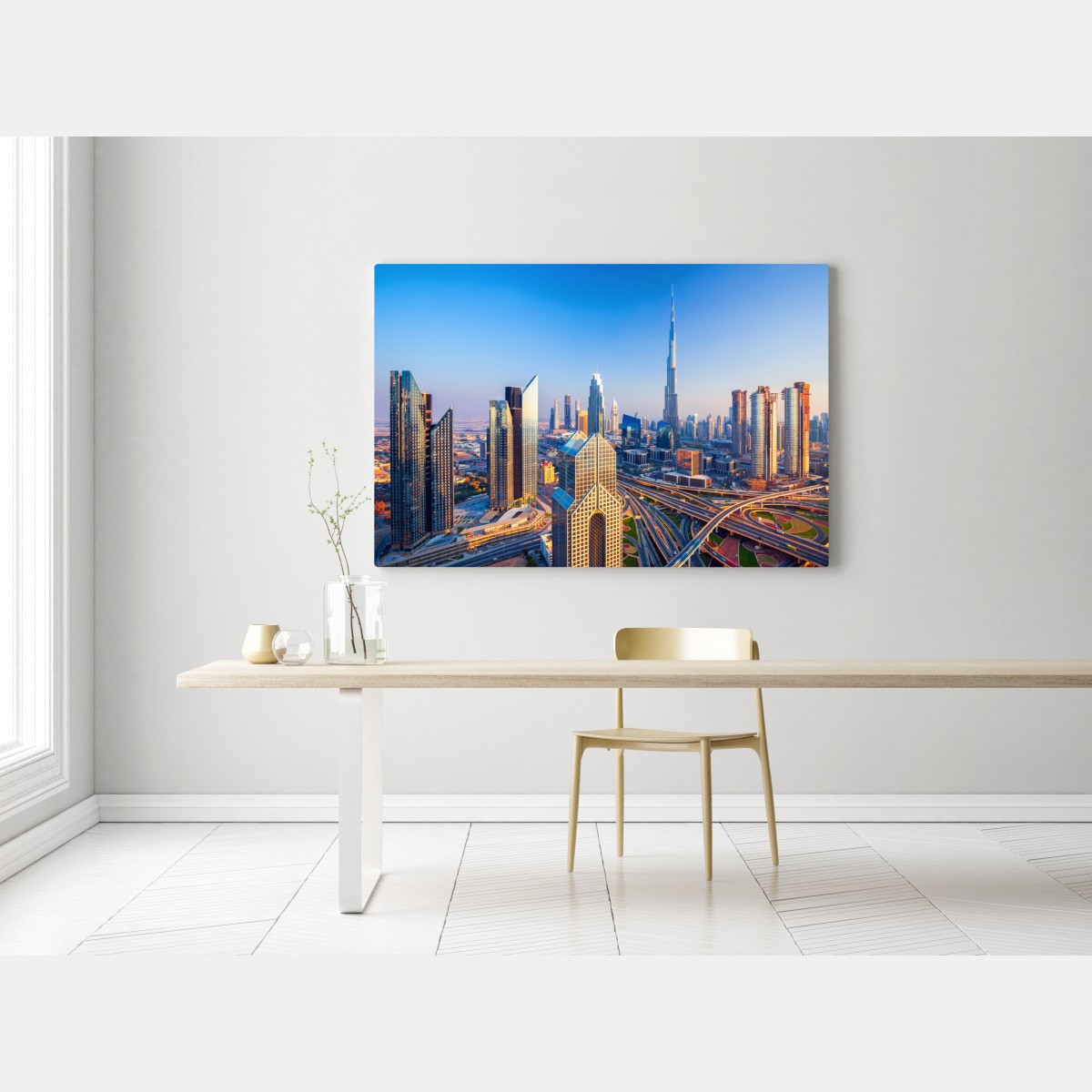 Leinwandbild panorama Dubais mit Burj Khalifa bei sonnenuntergang – Wallnifity® Leinwandbild panorama Dubais mit Burj Khalifa bei sonnenuntergang – Wallnifity®