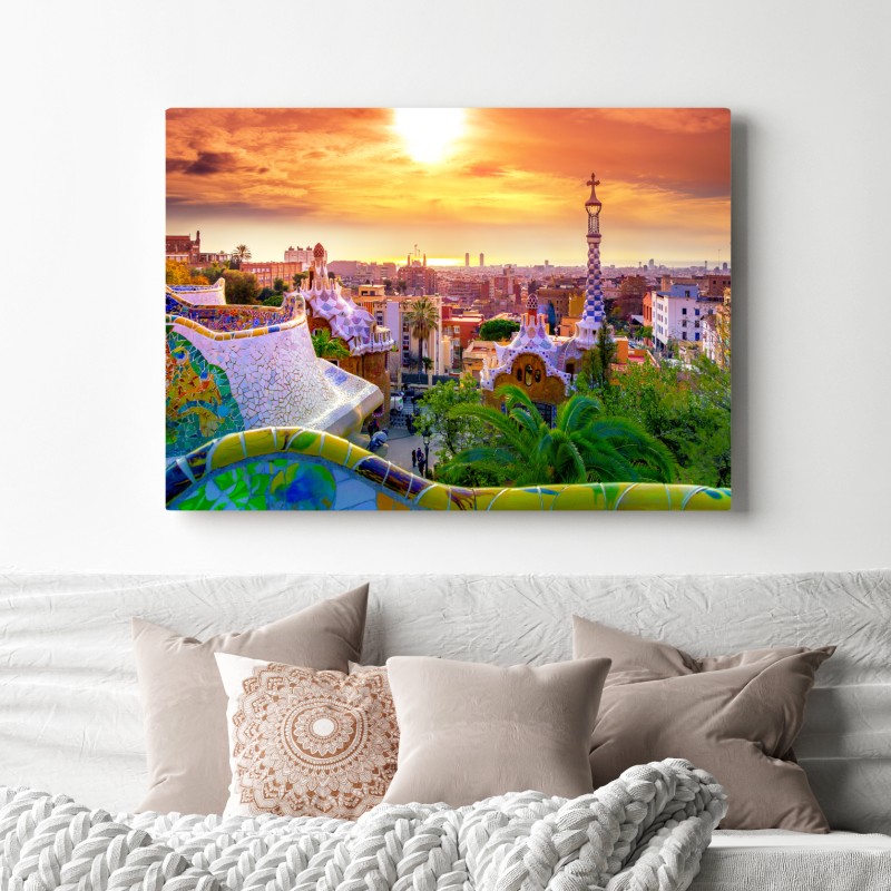 Leinwandbild sonnenuntergang über Park Güell in Barcelona – Wallnifity® Leinwandbild sonnenuntergang über Park Güell in Barcelona – Wallnifity®
