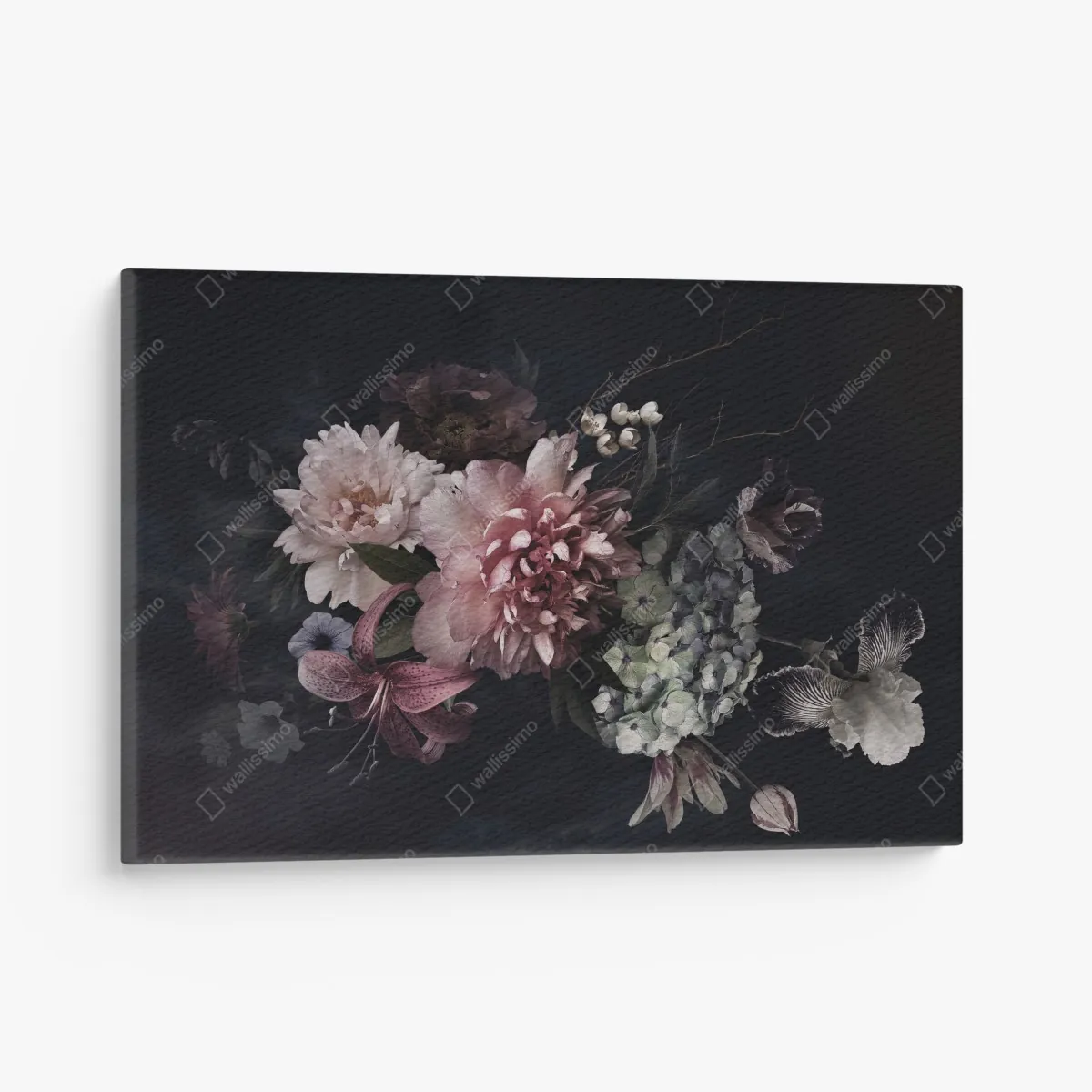 Leinwandbild düsterer pfingstrosen- und hortensienstrauß – Wallnifity® Leinwandbild düsterer pfingstrosen- und hortensienstrauß – Wallnifity®